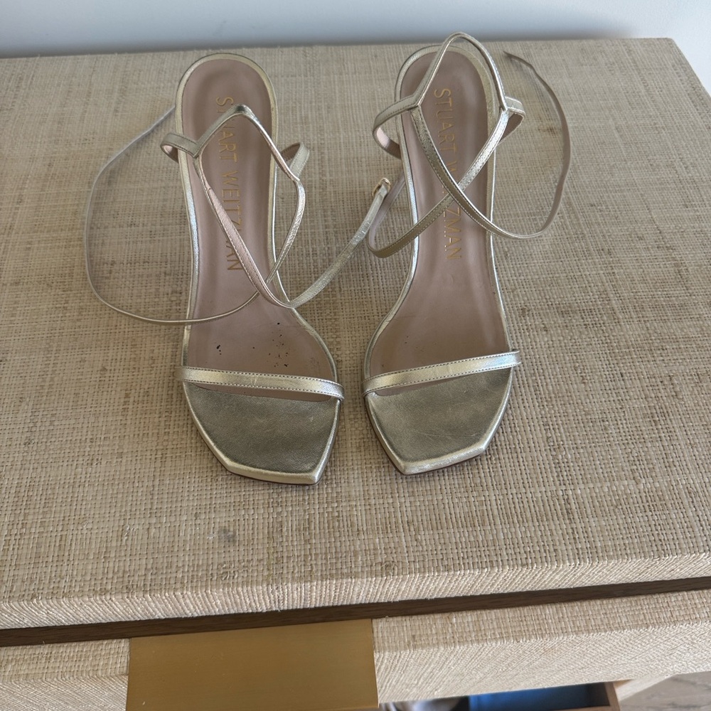 Stuart Weitzman Gold Barely Nudist 100 Strappy Heels